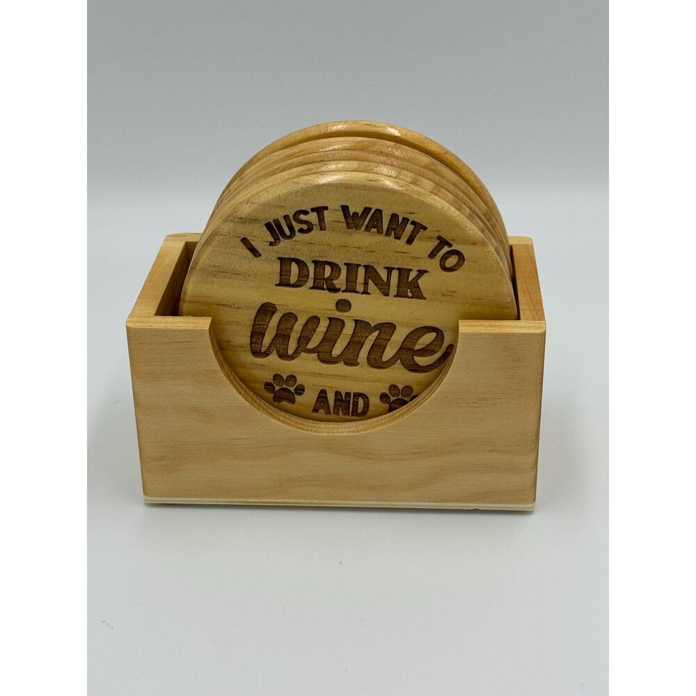 Engraved Wood Coaster Set - Sip Wine and Pet Dog - With Holder, 6 Piece